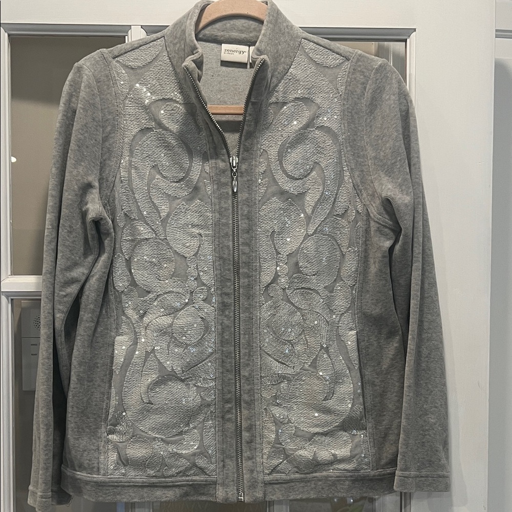 Elegant Gray Bomber Jacket with Silver Accents